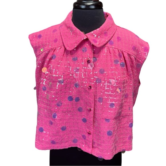 Queen of Sparkles Hot Pink Checker Sequin Sleeveless Jacket Size S - Picture 6 of 8